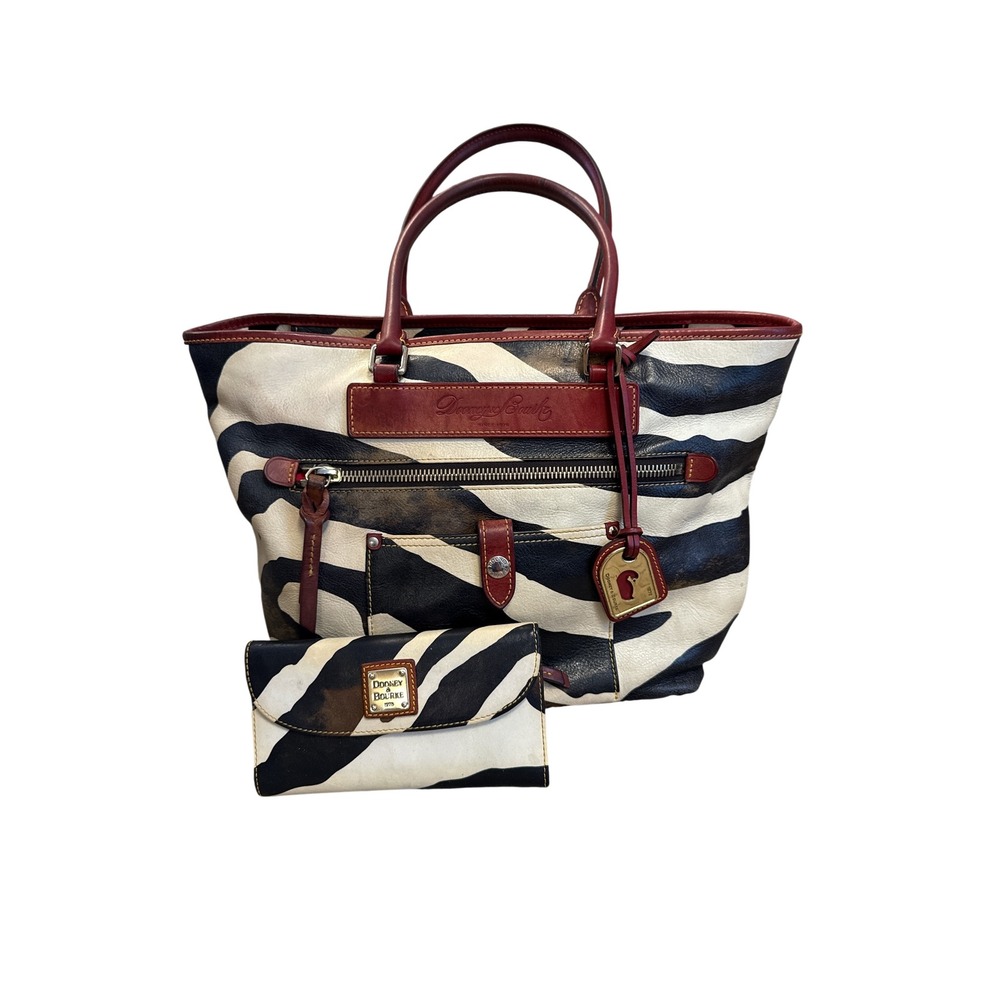 Vtg Dooney & Bourke Zebra‎ Print Tote Bag & Wallet Set Women Black White brown